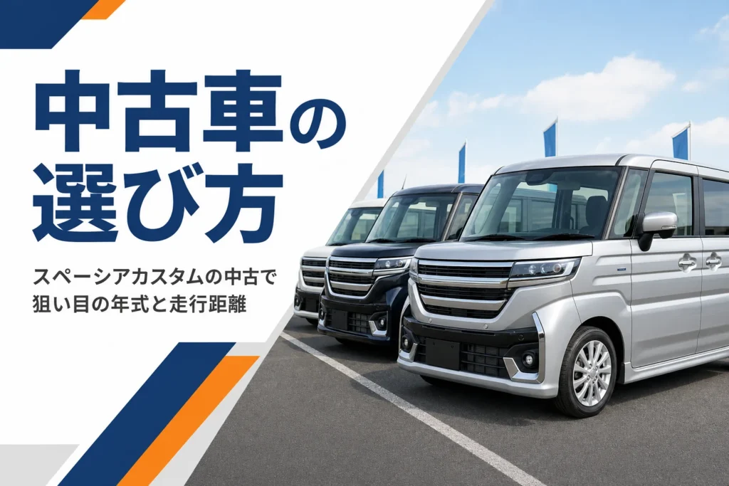 年式の違う軽スーパーハイトワゴンが並ぶ中古車展示場のイメージ