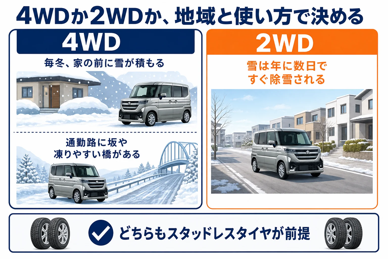 住んでいる地域と使い方で4WDか2WDかを分けた図解