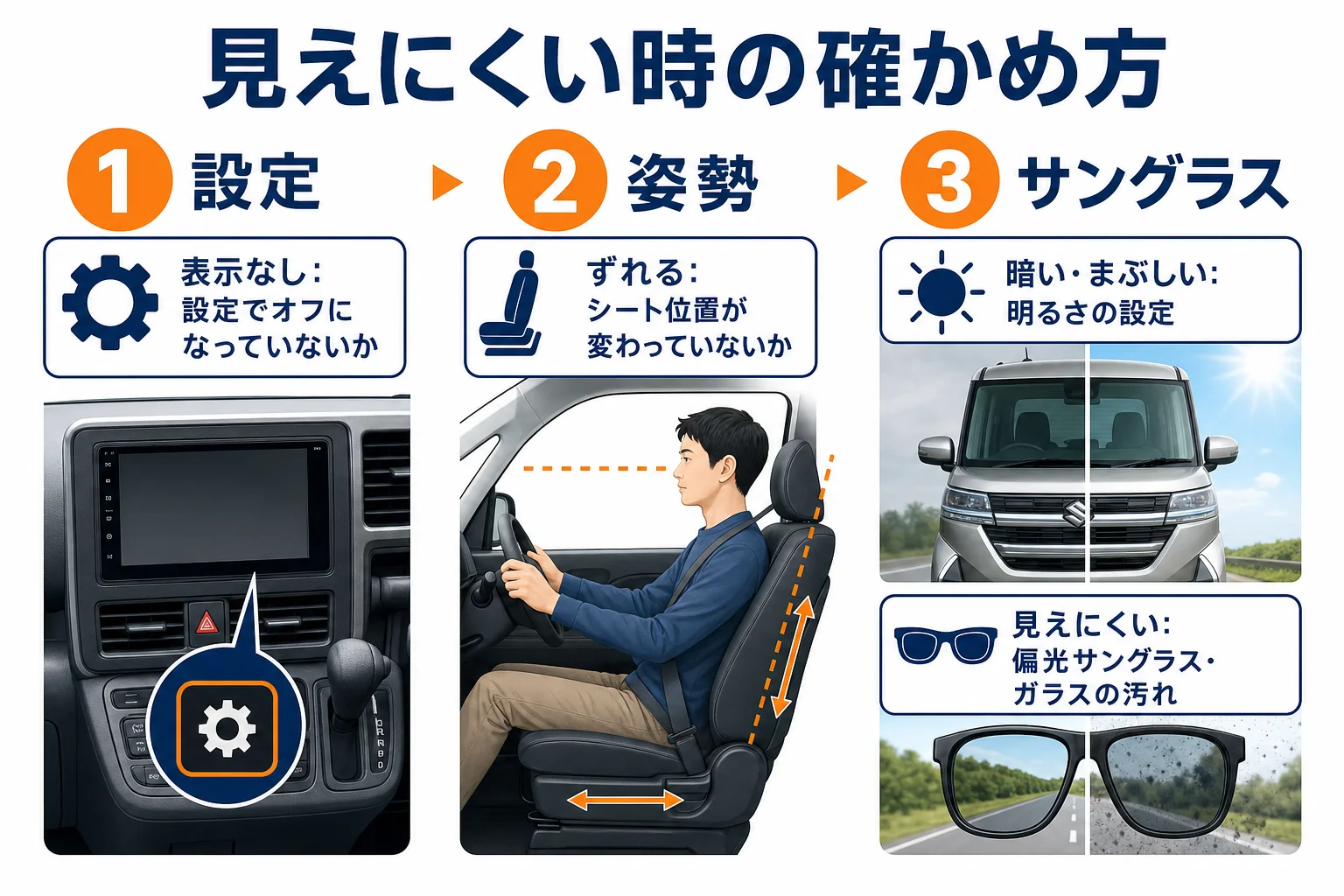 ヘッドアップディスプレイが見えにくい時の原因と対処の図解