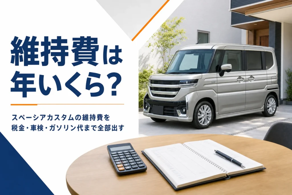軽スーパーハイトワゴンの維持費を電卓で計算しているイメージ