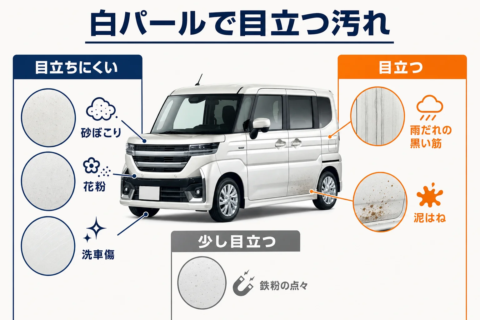 白パールで目立つ汚れと目立たない汚れを分けた図解
