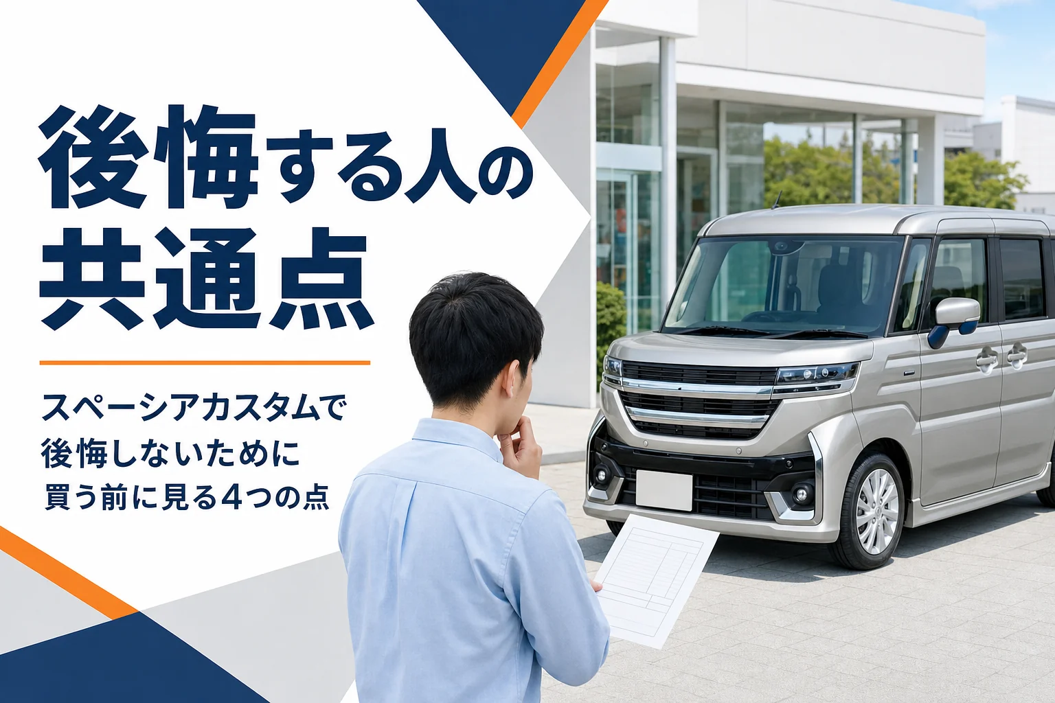 軽スーパーハイトワゴンの前で見積書を見ながら考える人のイメージ
