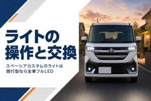 スペーシア カスタムのLEDヘッドライトが点いた夕暮れの様子