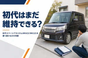 自宅の駐車場に停まった年数のたった軽スーパーハイトワゴンのイメージ