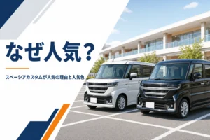 白と黒の軽スーパーハイトワゴンが並ぶ駐車場のイメージ