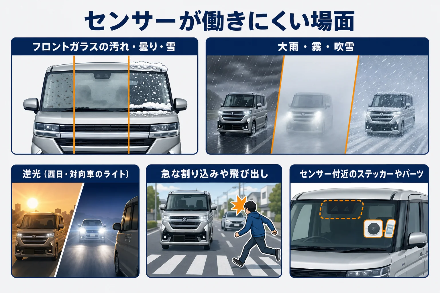 自動ブレーキやACCのセンサーが働きにくい場面をまとめた図解