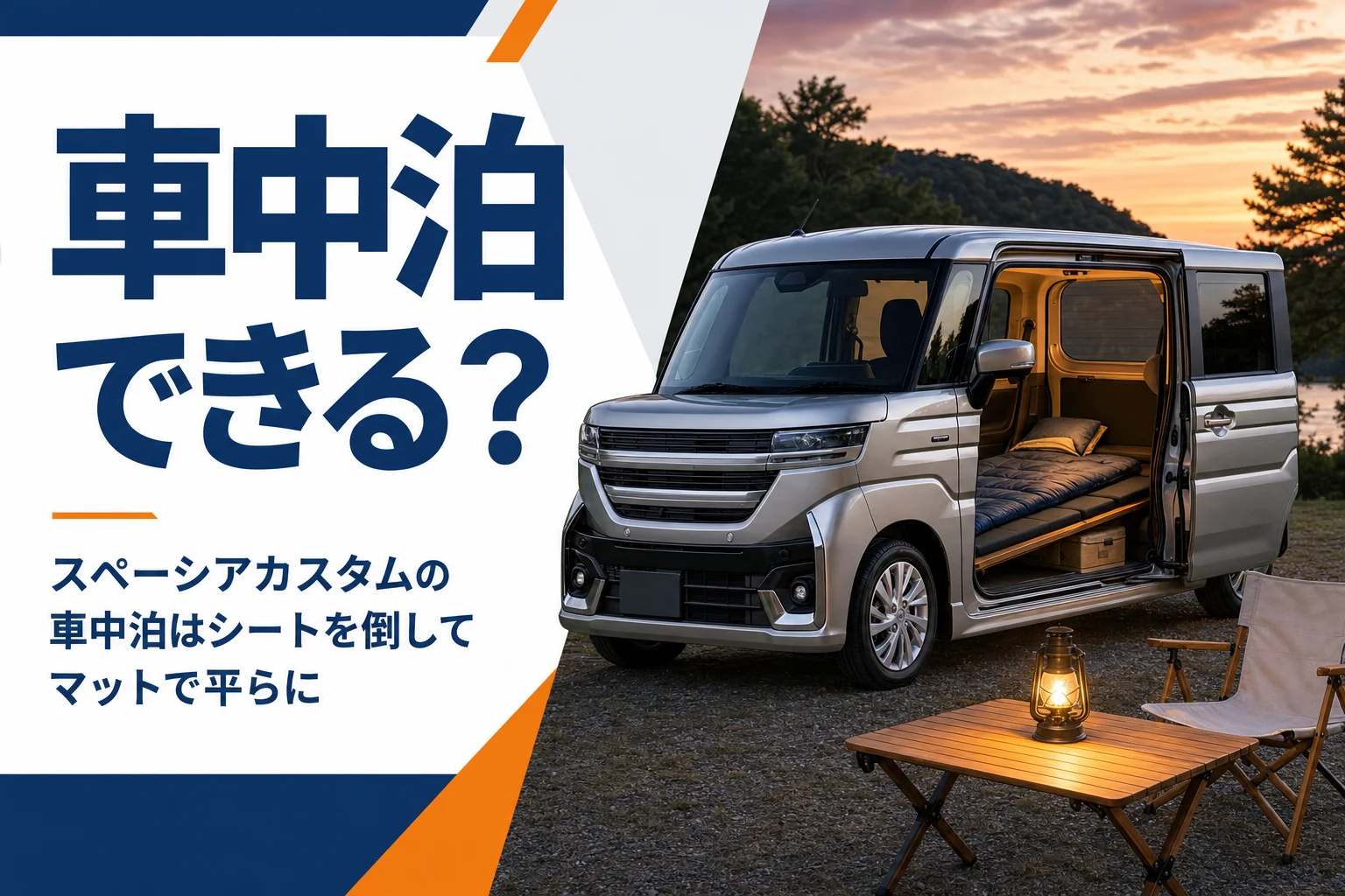 マットと寝袋を敷いた軽スーパーハイトワゴンの車内で過ごす車中泊のイメージ