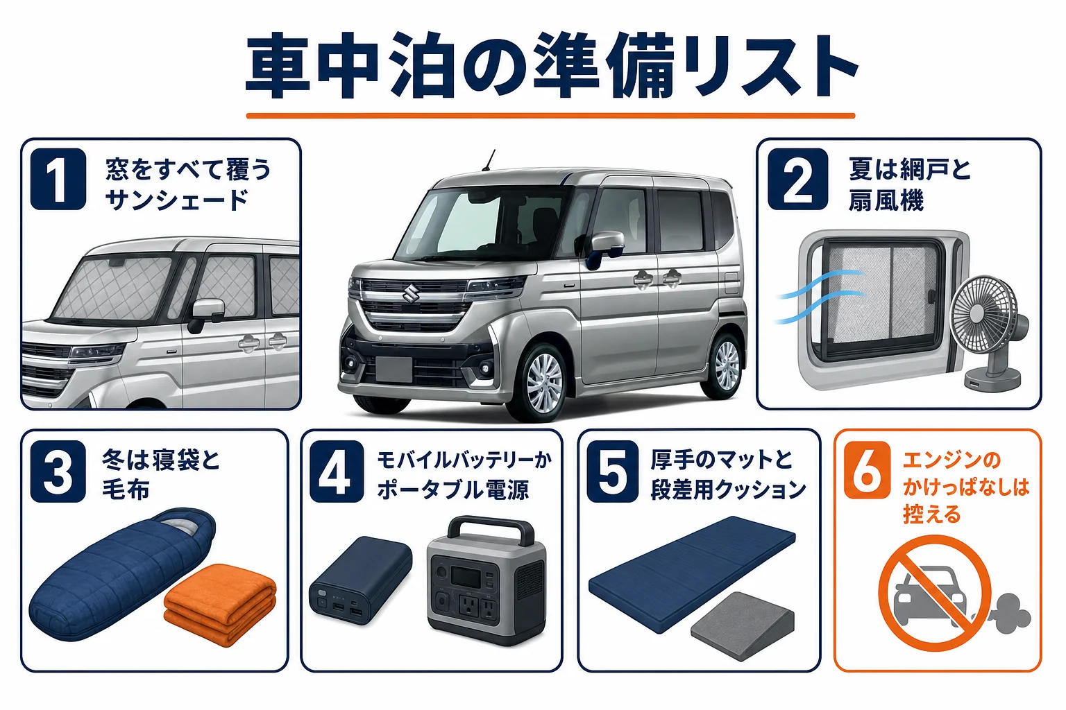 車中泊の前にそろえておきたい道具と注意点を示した図