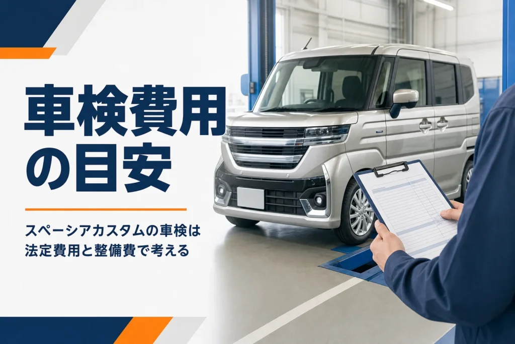 整備工場に入った軽スーパーハイトワゴンと車検の見積書のイメージ