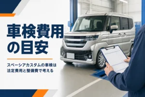 整備工場に入った軽スーパーハイトワゴンと車検の見積書のイメージ