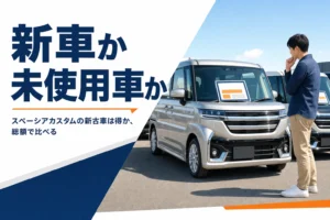販売店に並ぶ未使用車の軽スーパーハイトワゴン