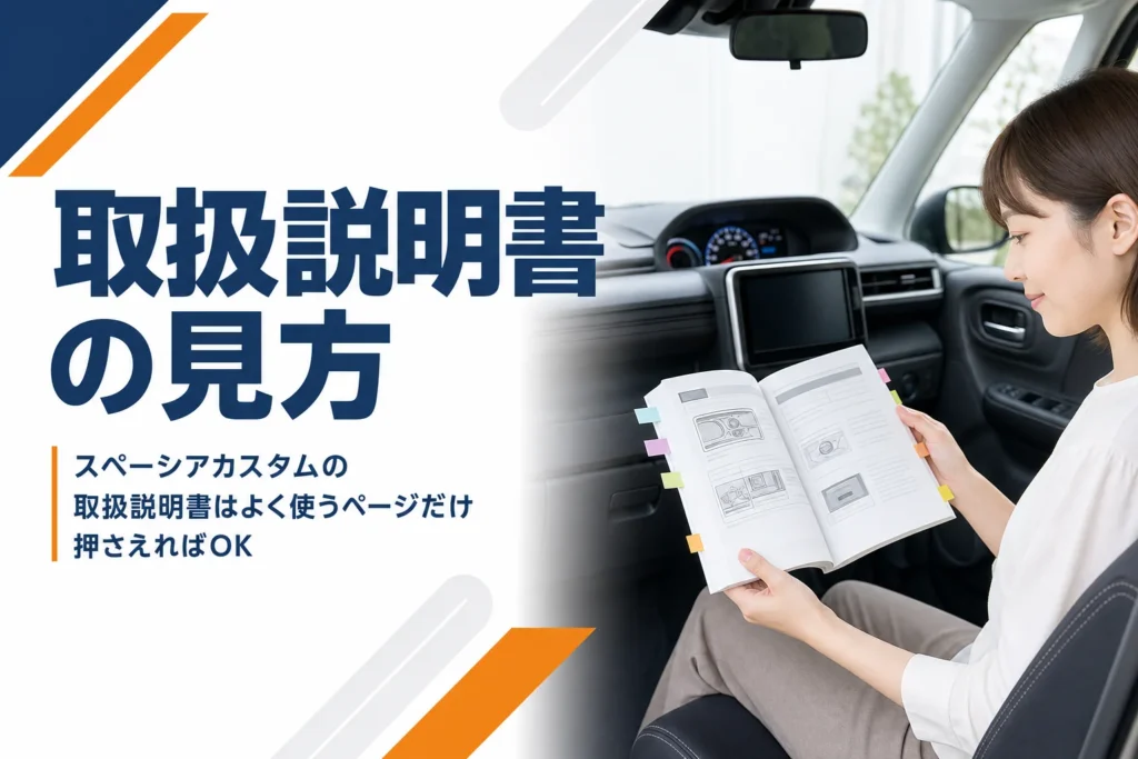 スペーシア カスタムの車内で取扱説明書に付箋を貼っている様子