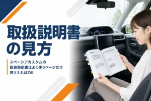 スペーシア カスタムの車内で取扱説明書に付箋を貼っている様子