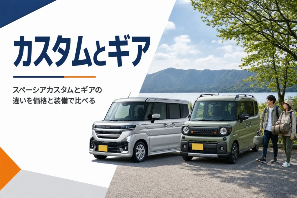 メッキグリルの車と丸目ライトの車、2台の軽スーパーハイトワゴンが並ぶイメージ