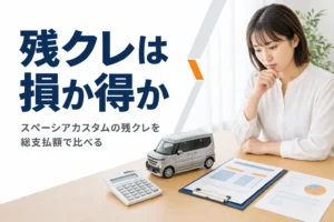 電卓とローン資料で車の支払いを比べるイメージ
