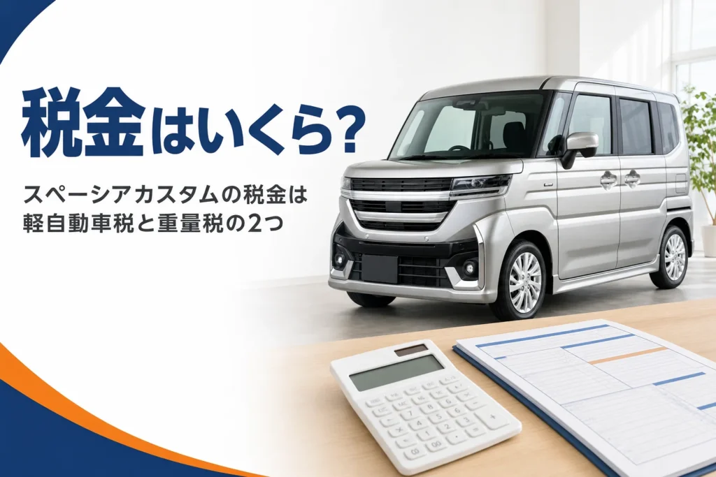軽スーパーハイトワゴンと納税通知書・電卓のイメージ