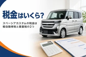 軽スーパーハイトワゴンと納税通知書・電卓のイメージ